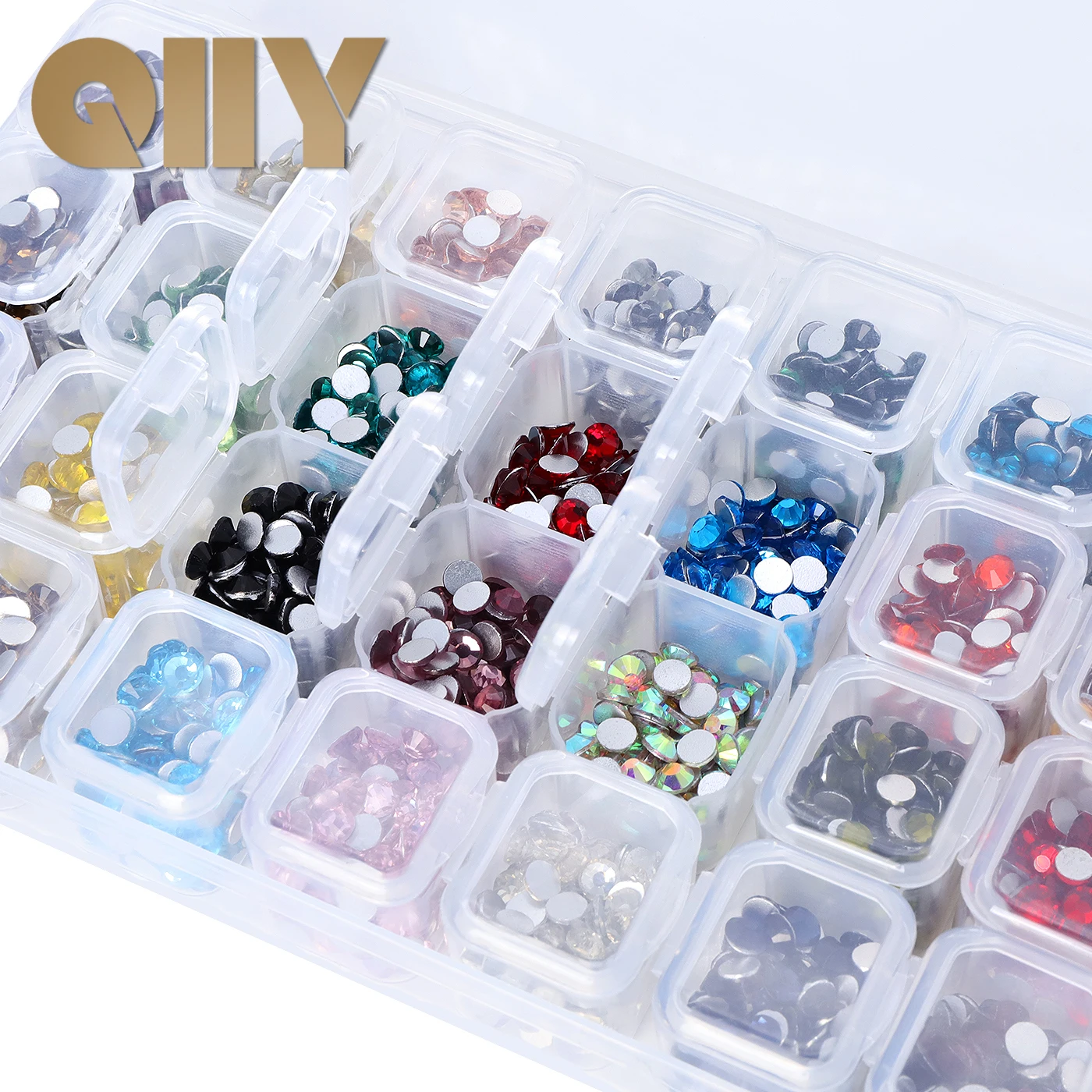 

Стразы QIIY, 28 ячеек, SS6-SS20, смешанные цвета, стеклянные, для рукоделия, декора одежды, ногтей, телефонов, очков, головных уборов, аксессуары
