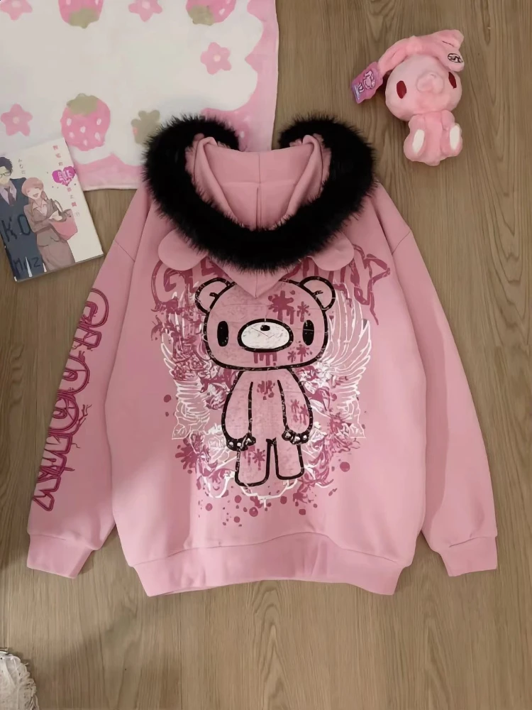 Women Japanese Kawaii Bear Ear Hoodie Zip Up Faux Fur Collar Black Pink Color Block Dark Gothic Sweatshirt Alt Grunge Sweet Cool