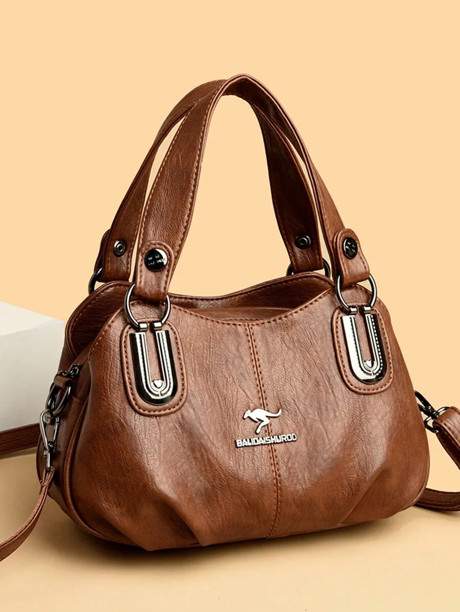 

Brown Soft Faux Leather Top-Handle Handbag with Adjustable Strap