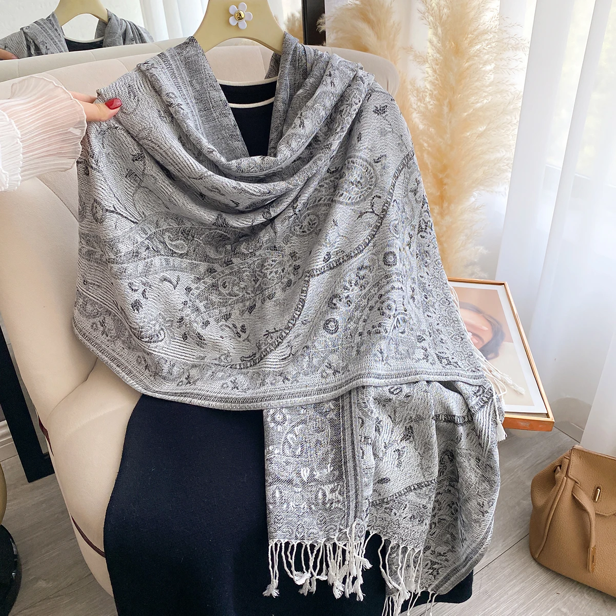 Neue Mode Damen Faux Kaschmir Winter Wrap Vintage Print Quasten Dicke Warme Pashmina Zweiseitiger Schal Outdoor Schals Foulard – Detail 32