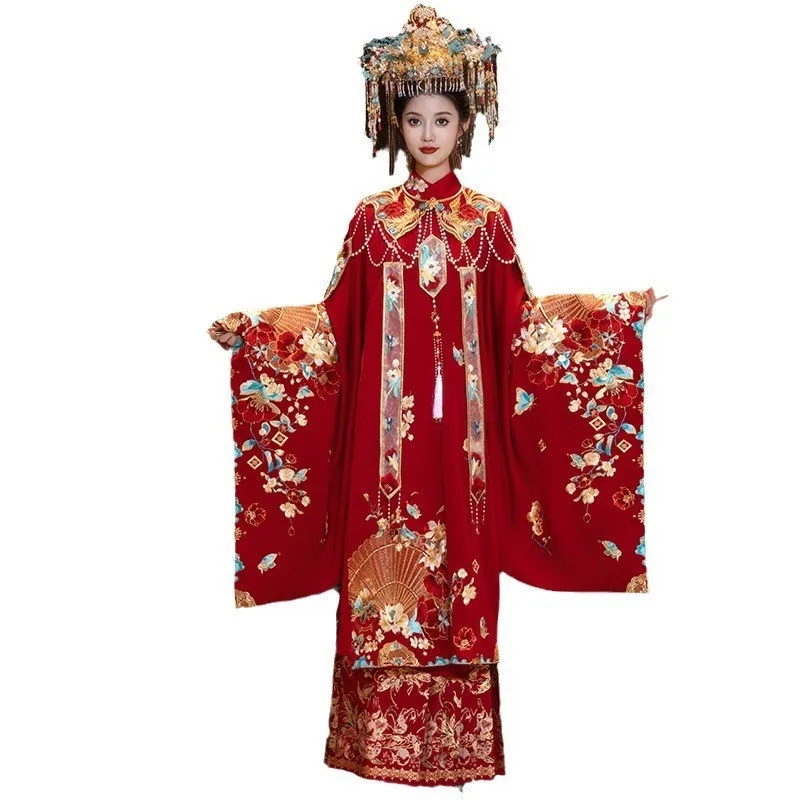 Heavy industry red robe with embroidered front opening long gown Han phoenix crown and robe Chinese wedding style