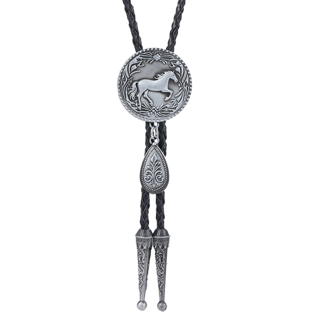 A New Autumn and Winter Ancient Silver Animal Horse Figure Hanging Water Drop Pendant Western Cowboy Men's Leather Rope Bolo Tie