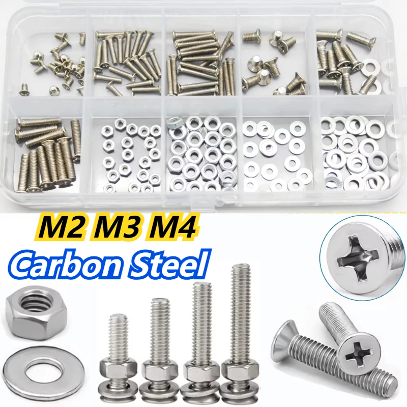 1 Box M2 M3 M4 Carbon Steel Cross Flat Countersunk Head Screw Bolt Nut Washer Set Kit Box for Home DIY