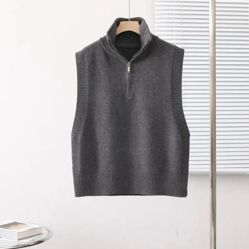 Topenomi Fashion Zipper Stand Collar Knitted Vest Women 2024 Autumn Winter Simple Solid Sleeveless Sweater Casual Short Pullover