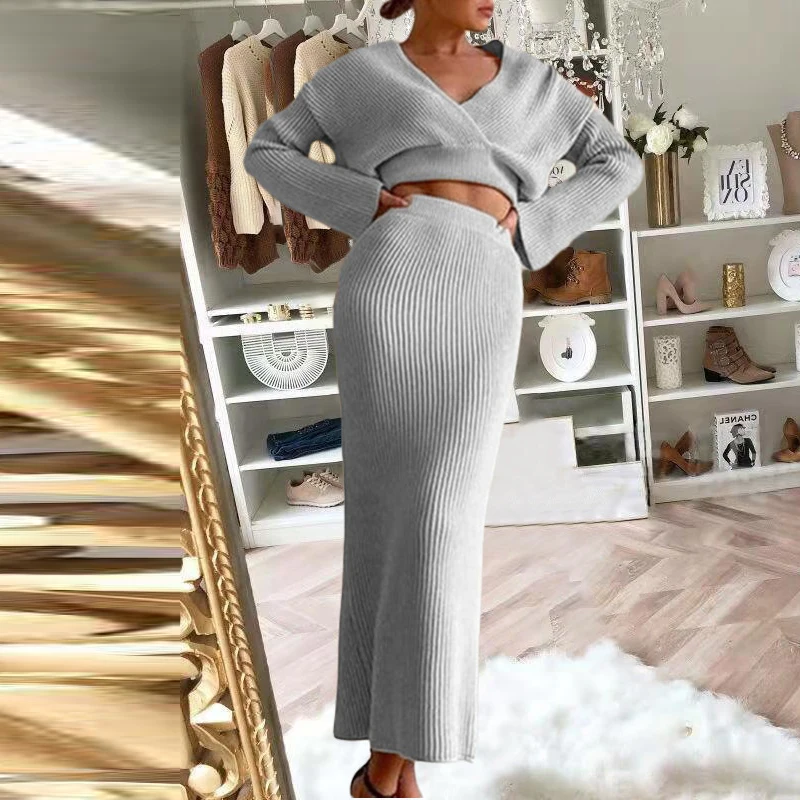 Elegant Solid Knitted Two Piece Set Women Casual Commuter Outfits Sexy V Neck Long Sleeve Sweater Tops Matching Half Skirt Suit