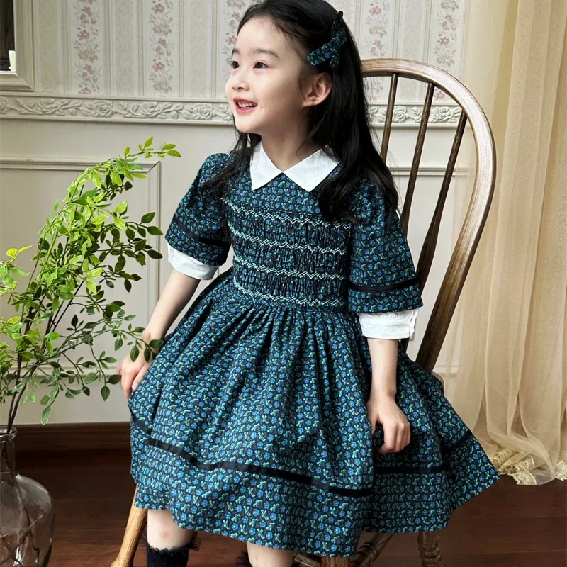 Summer New Kids Vintage Blue-green Floral Hand-embroidered Girls' Mid-sleeved Dress Flower Girls Smocking Boutique Party Dress