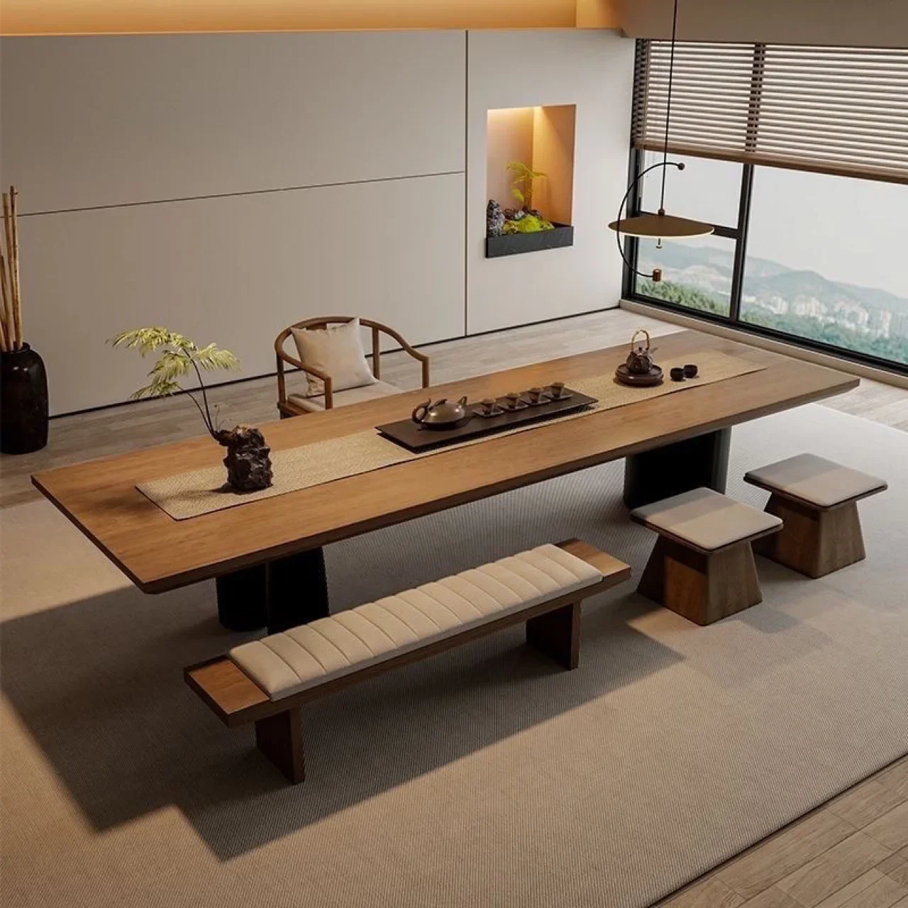 

New Chinese style, solid wood, large board, tabletop, integrated table and chairs, modern, combination, tea making