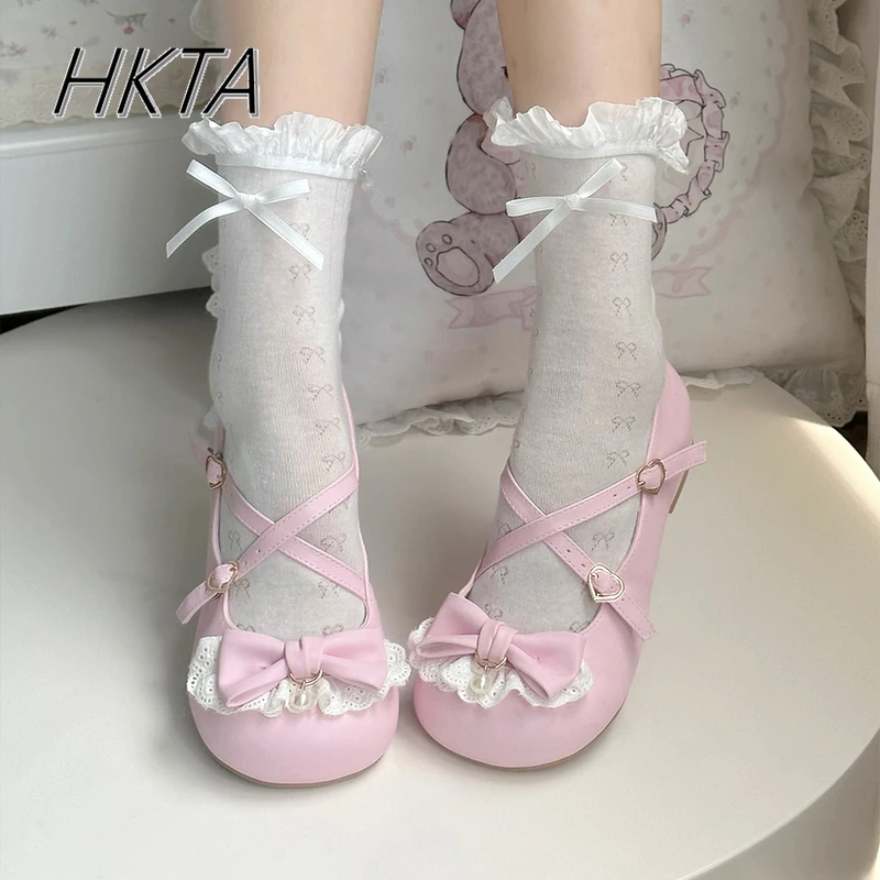 

Sweet Cute Bow Lolita Low Heel Single Shoes Women Kawaii Summer Lace Stitching Pearl Pu Leather Shoes Round Head Mary Jane Shoes