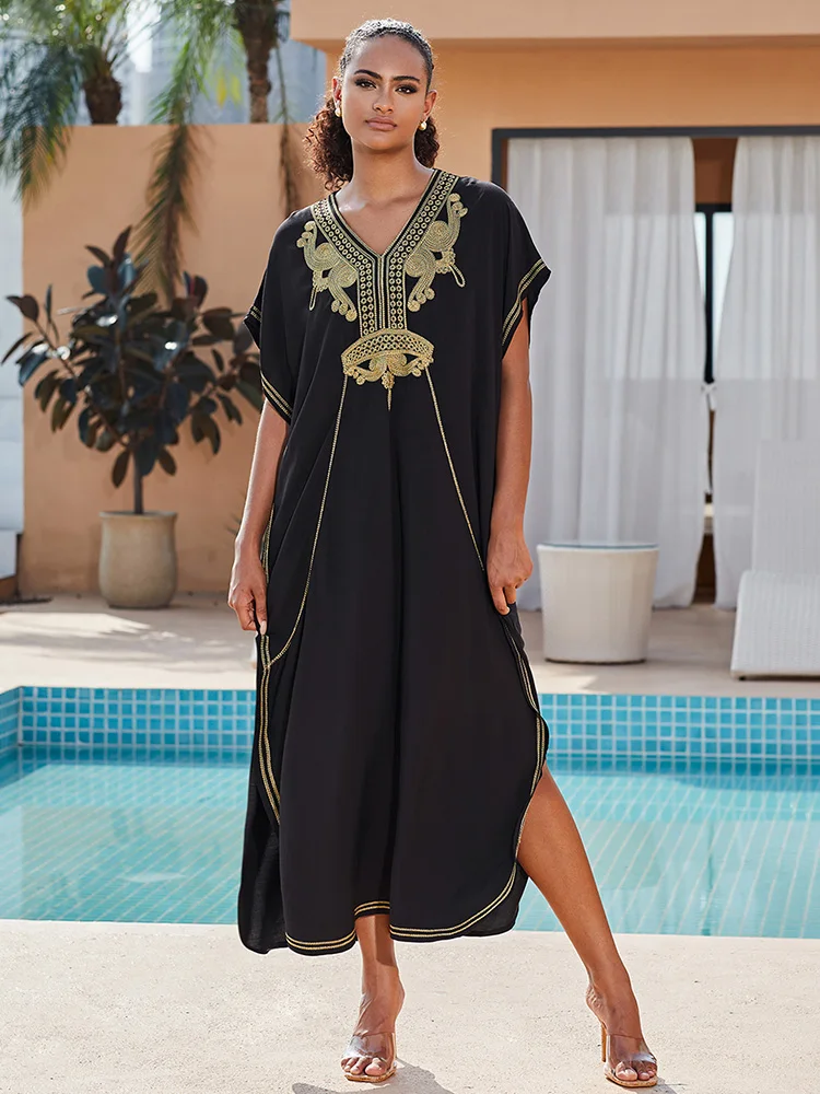 2024 Vintage Embroidery Kaftan Sexy V-neck Batwing Sleeve High Waist Maxi Dress Tunic Women Clothing Summer Beach Dresses Q660