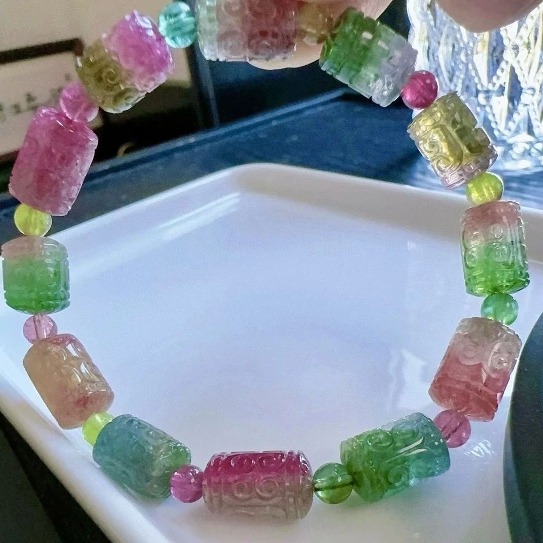 

Natural Colorful Tourmaline Clear Barrel Beads Bracelet 12.1/8.2mm Red Watermelon Tourmaline Women Men Jewelry AAAAAAA