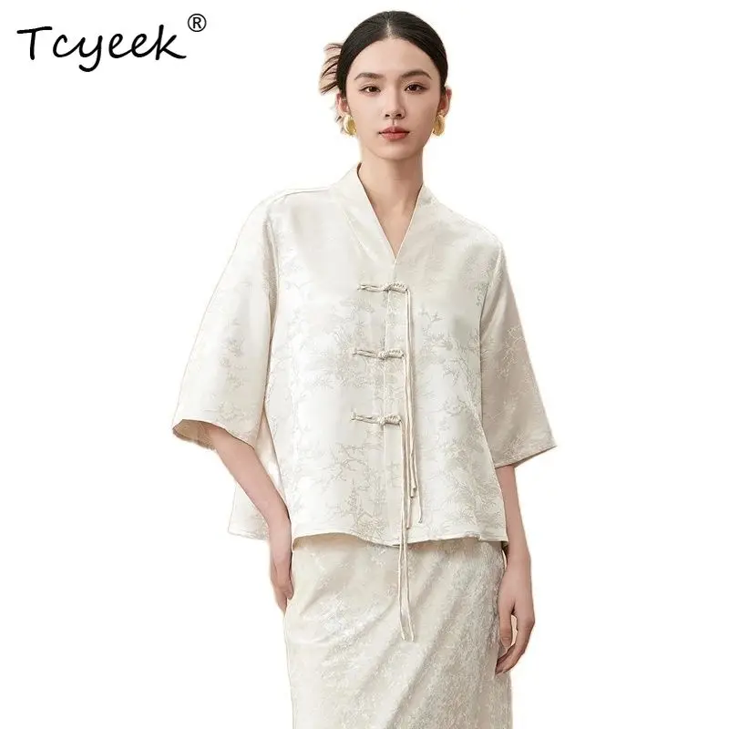 

Tcyeek, 28MM 100%Real Silk Elegant Shirt, Women Half Sleeve Jacquard, Retro Chinese Style Blouses, 2024 Summer Autumn T47026QC