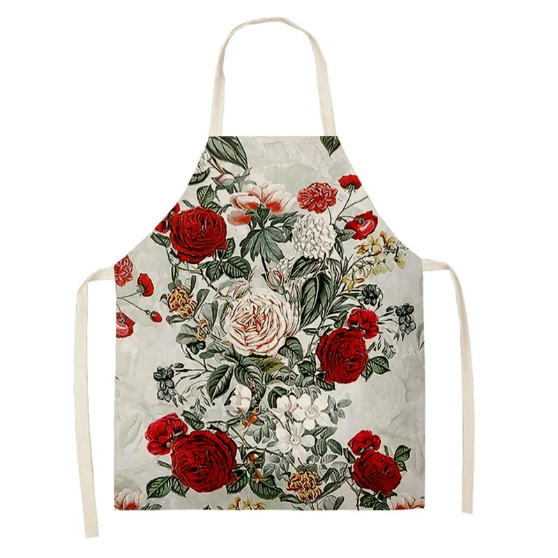 1 piece floral print linen apron for men and women kitchen cooking baking anti-stain apron home cleaning tools