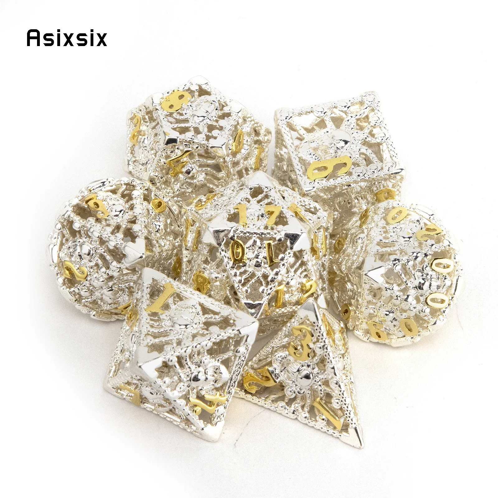 

7 Pcs White Golden Octopus Metal Dice Hollow Metal Polyhedral Dice Set Suitable for Role-Playing RPG Board Game Gift