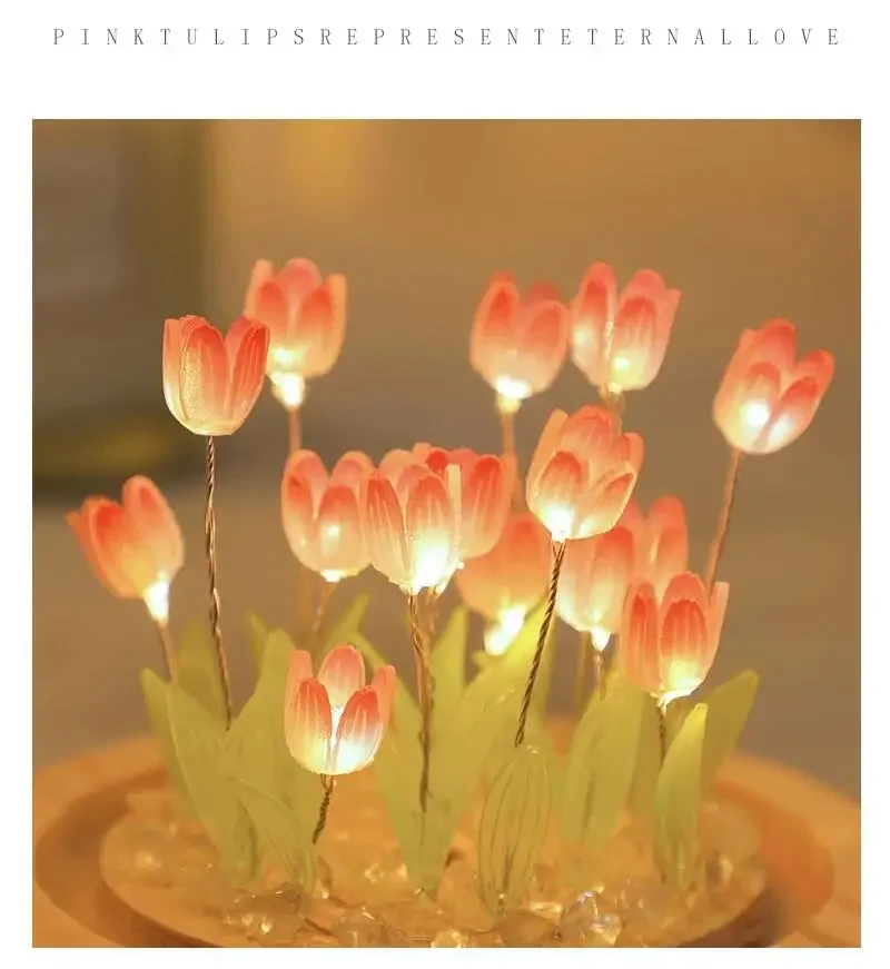 Artificial Tulip Flower Night Light Ornaments Handmade DIY Bedsides LED Night Lamp Bedroom Desk Decor Birthday Gifts Table Lamp