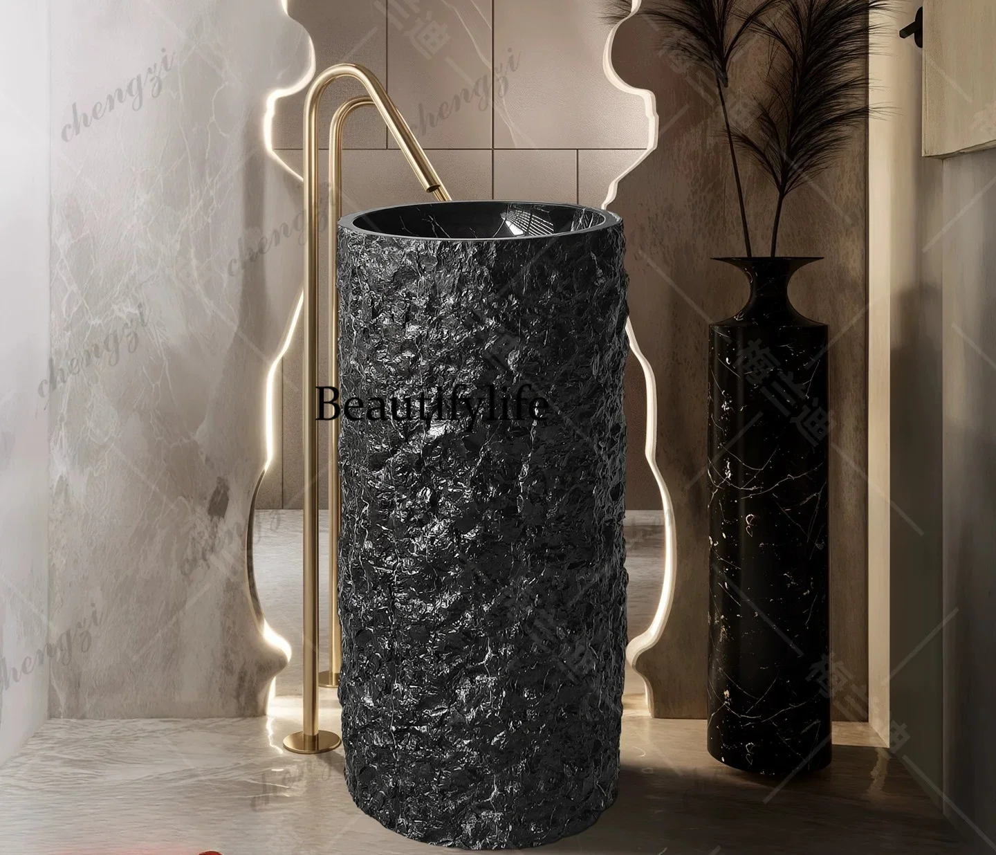 P182 P182 High-end integrated column basin, natural stone washbasin, natural marble hotel clubhouse floor-standing style