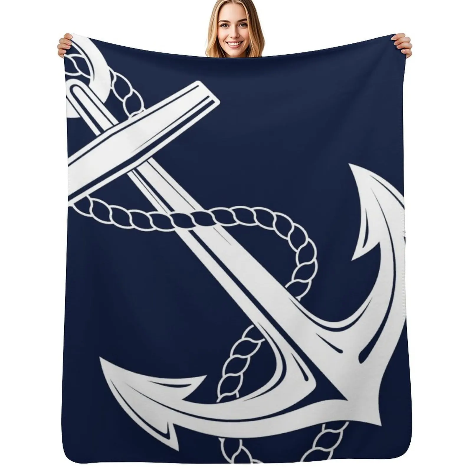 Anchor Nautical White & Navy Throw Blanket Luxury Thicken Sofa Quilt Cute Plaid Blankets