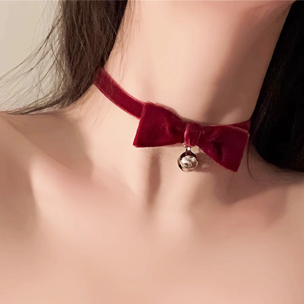 

Women Christmas Xmas Red Bowknot Necklace Lace Choker Chain Fashion Jewelry Lady Santa Claus Accessories New Year Gift