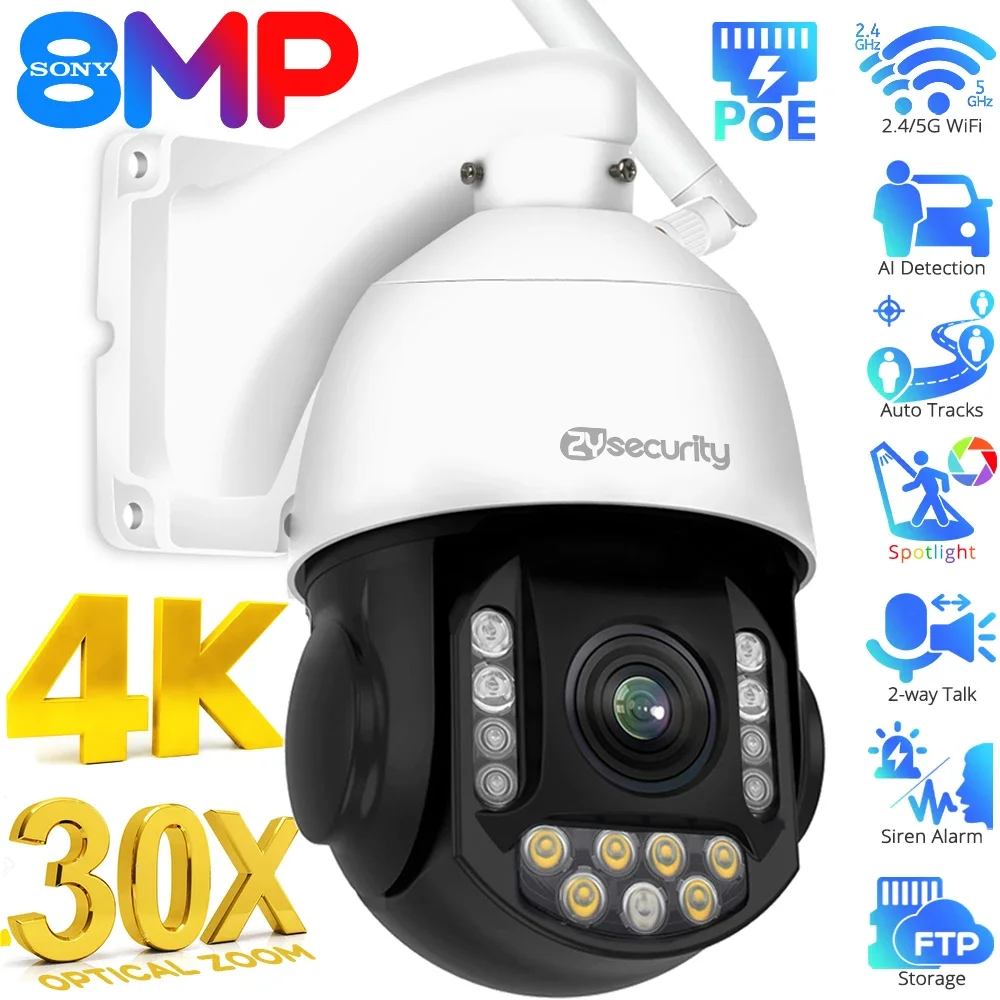 

8MP 4K IP Cameras 30X Zoom PTZ Dome Camera Outdoor 2.4/5G WiFi PoE Camera Security Auto Tracking Auto Zoom Surveillance Camera