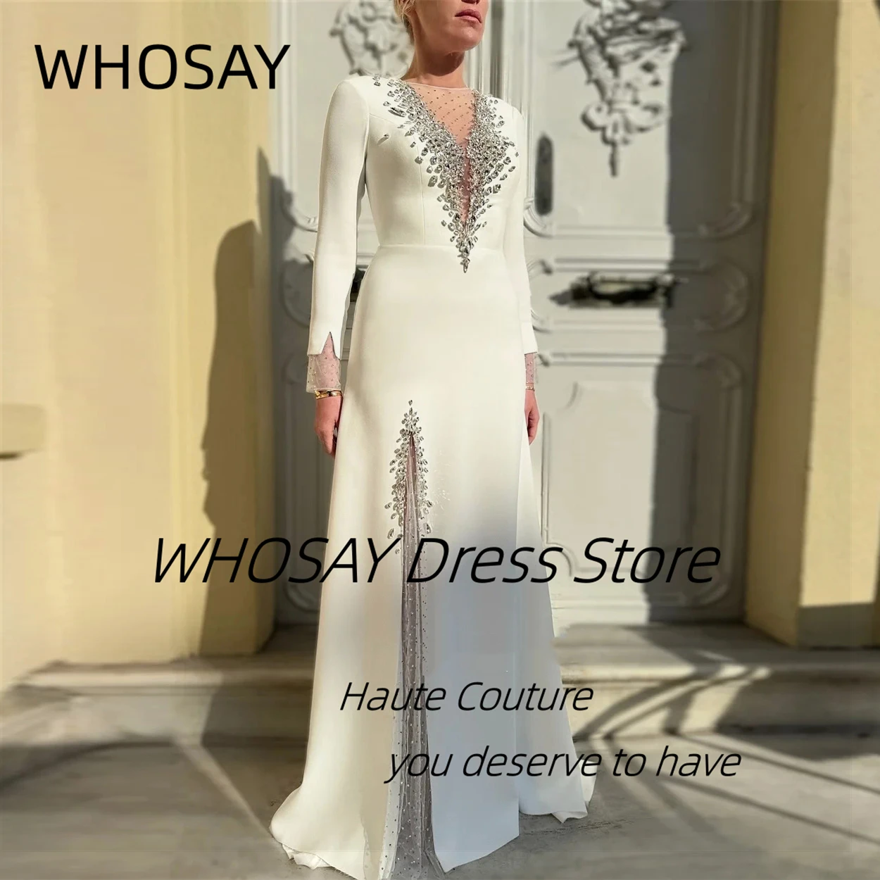 

WHOSAY Prom Dresses Crystals Long Sleeves Evening Party Gowns Zipper Back платье на выпускной Customized