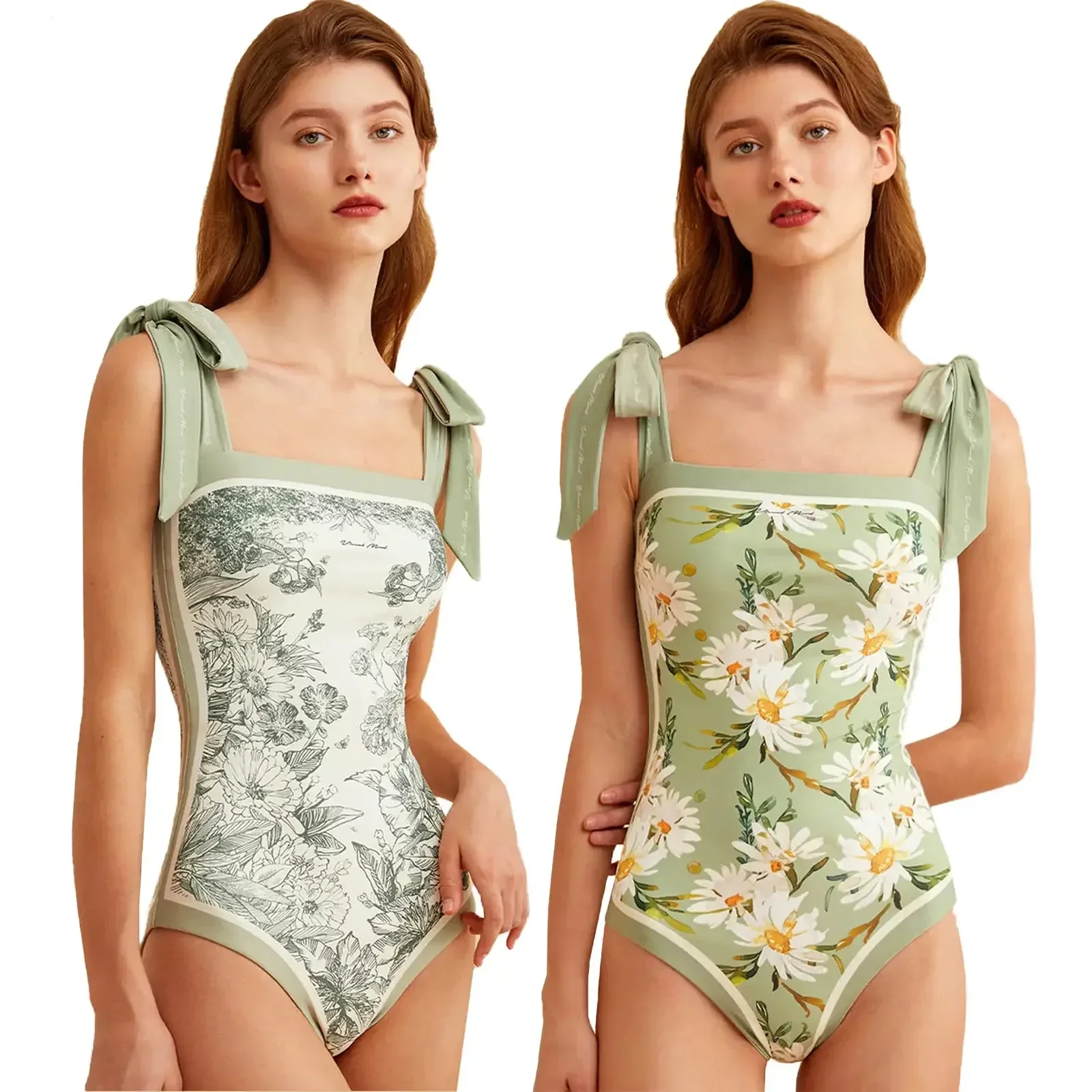 Y2K Fashion Women Floral One Piece Swimsuits Reversible Tie Shoulder Monokini Tummy Control Bathing Suits Square Neck Swimwear