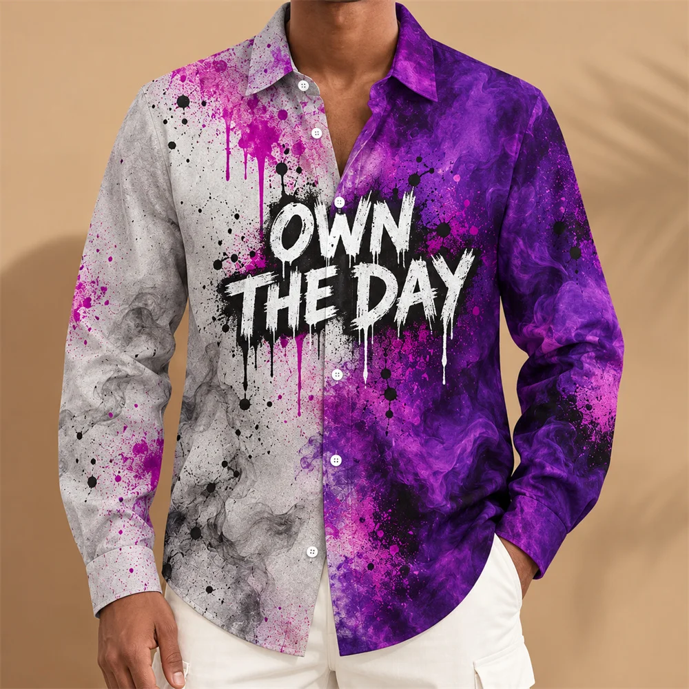 personality text Graffiti Shirt for Men 3D Print Paint Splatter Long Sleeve Button Up Shirt Motivational Quote Streetwear Top
