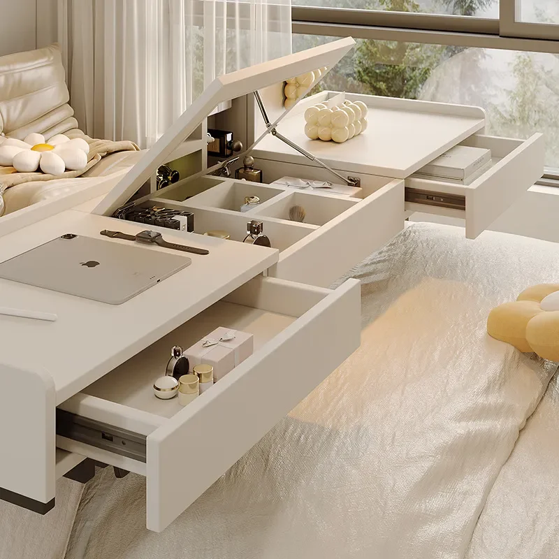 Solid Wood Dresser Bedroom Multi-functional Vanity Table with Lift-up Mirror Modern Simple Makeup Desk Integrated Storage