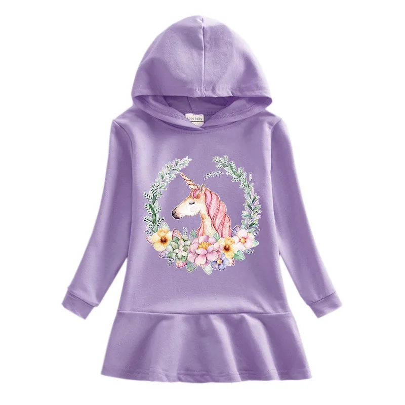 2024 New Unicorn Girls Dress Cotton Clothes Autumn Kids Dresses for Children Birthday Party Costume Hooded Fashion 2-8T