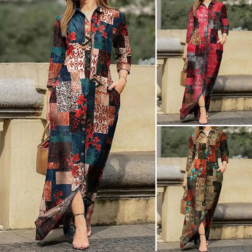 Vestido largo ajustado para mujer, Camisa de gasa con estampado Retro bohemio