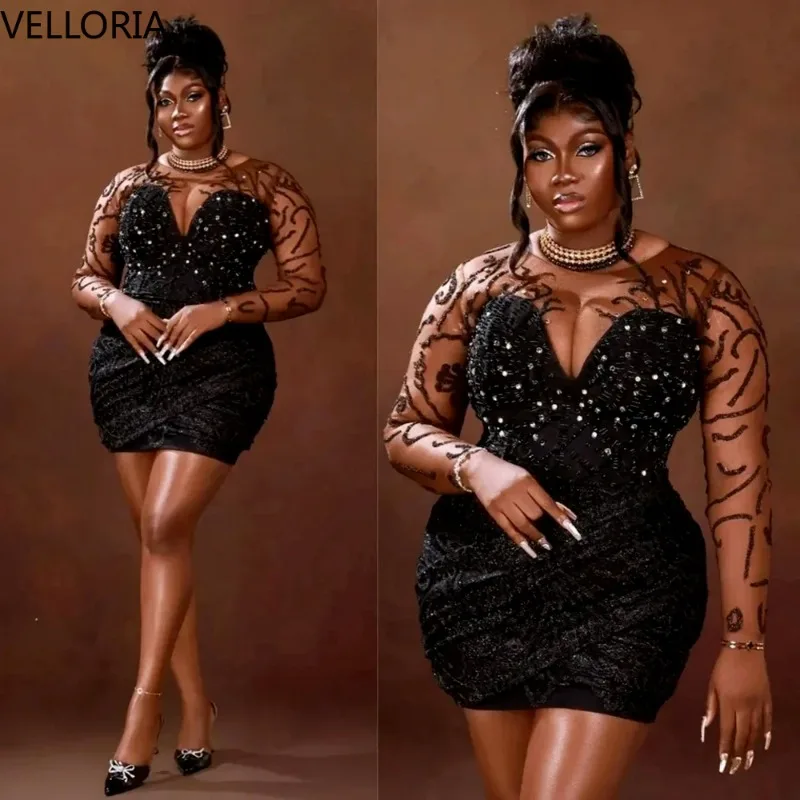 

Черное кружевное короткое облегающее вечернее платье Прозрачное сетчатое вечернее платье с длинными рукавами и бисером Коктейльная вечеринка Клубная одежда Плюс размер по индивидуальному заказу