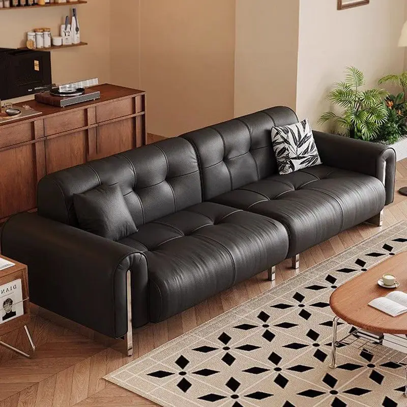 أريكة TTItalian من جلد البقر من الطبقة الأولى أريكة بقرة سوداء كبيرة لغرفة المعيشة شقة صغيرة خفيفة فاخرة أريكة صف مستقيم #6