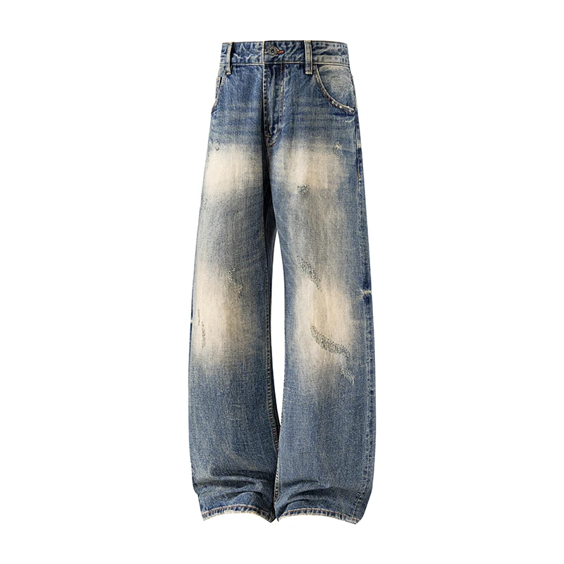 

High-end American-style Heavyweight Washed Denim Pants 14oz 100% Cotton Relaxed Wide-leg Men's Casual Selvedge Jeans Streetwear