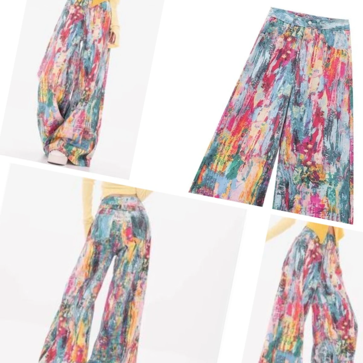 جينز أمريكي مطلي ملون واسع الطباعة لوحة ألوان لوحة زيتية حبر سبلاش 2025 تصميم شخصي سروال تنظيف الأرضيات