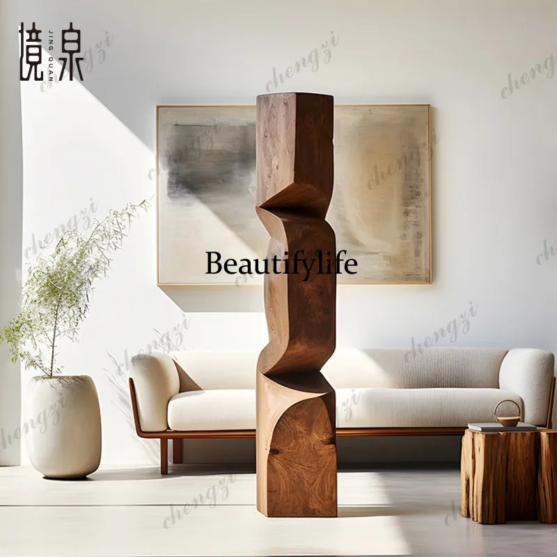 Hotel sales office corner decoration vertical height wood carving floor ornament solid wood sculpture artwork soft decoration