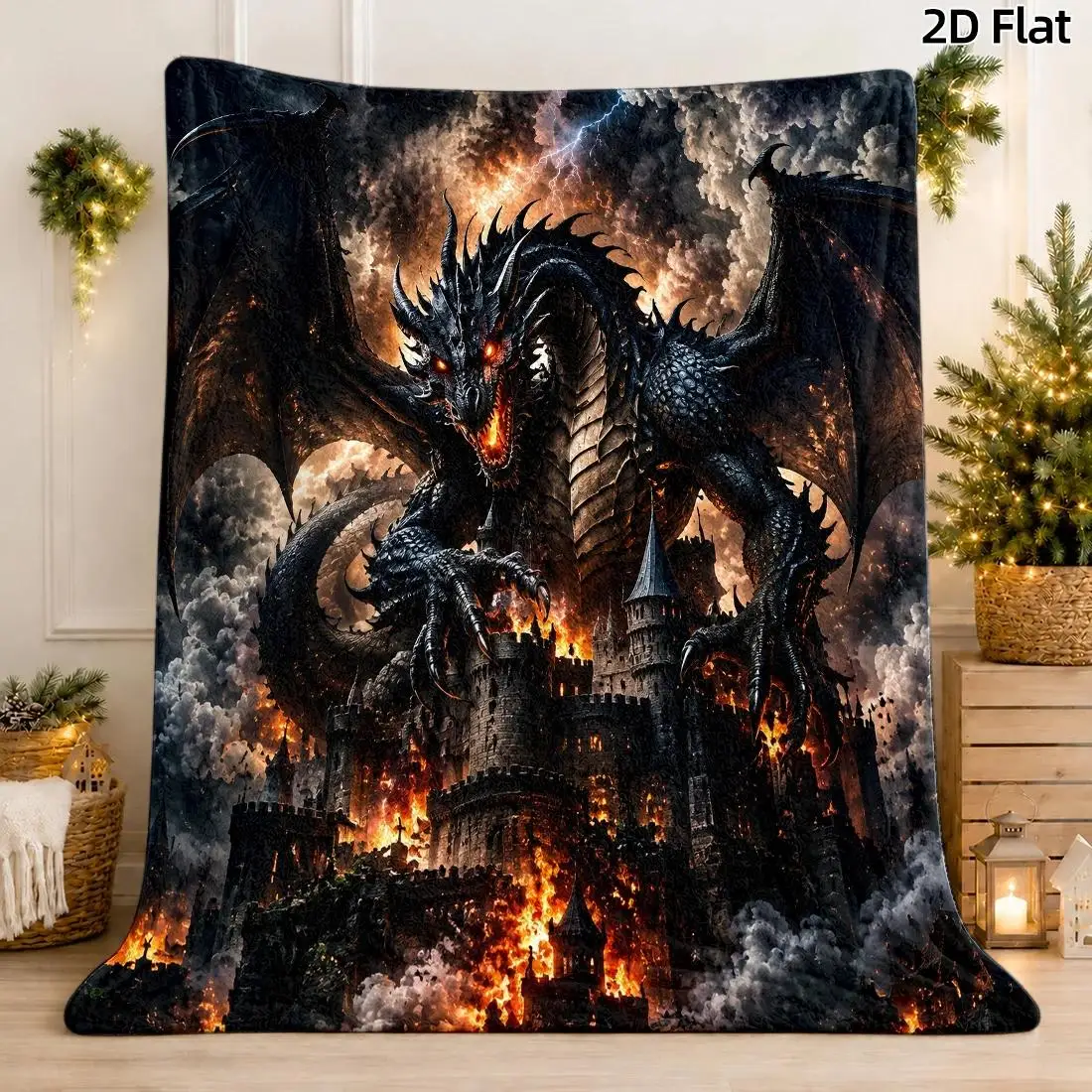 1pc 2D Flat Gothic Dragon & Castle Ruins Pattern Blanket, Dark Fantasy Oil Painting Fire Breathing Dragon Print