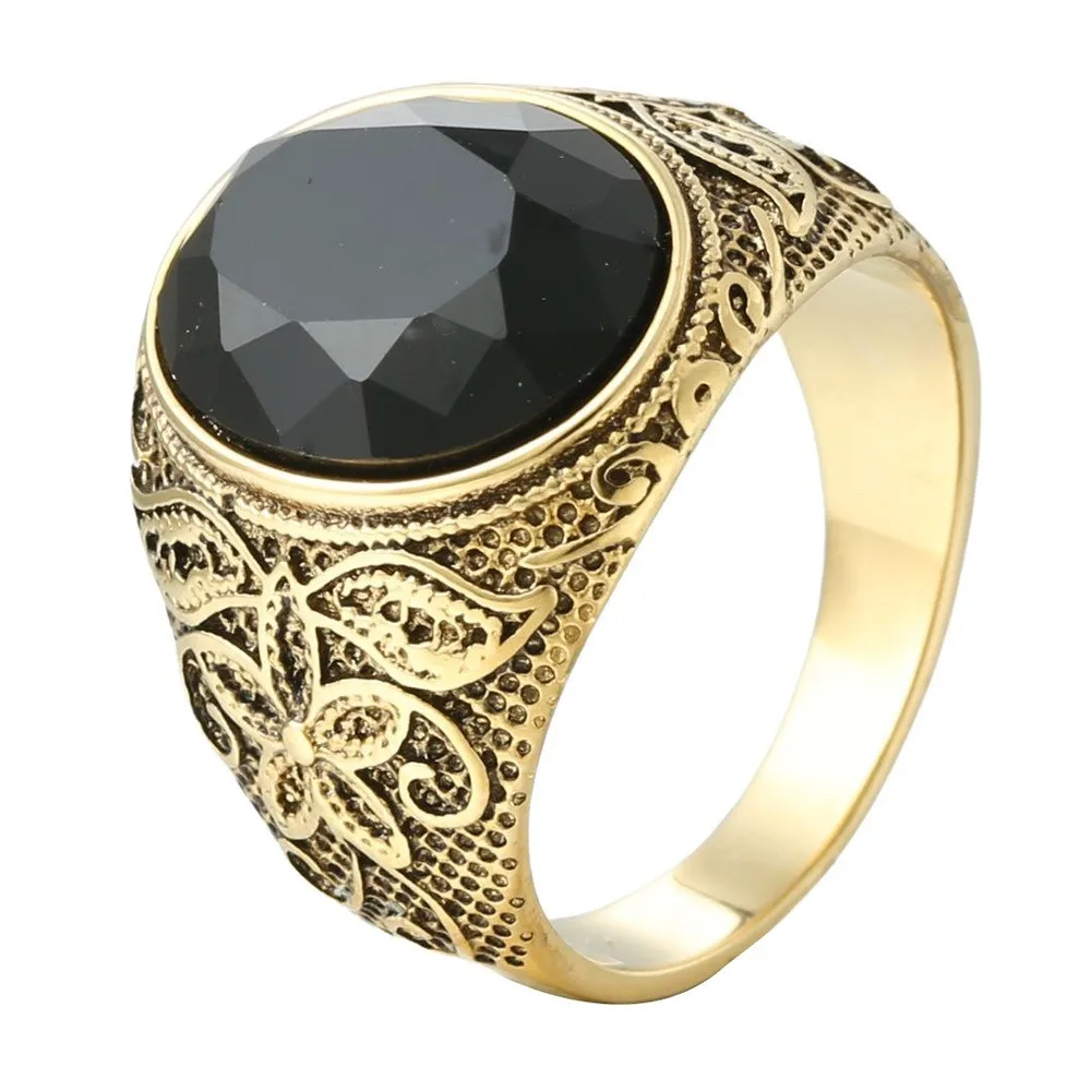 Natural Jade Agate Gemstones Vintage Pattern Carved Rings for Men14K Gold Filled Stainless Steel Masculine Finger Bands Dubai 3