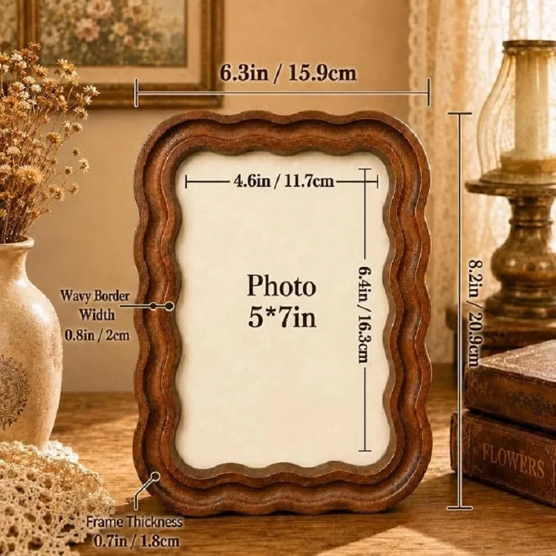Vintage Style Solid Wood Photo Frame Wavy Scalloped Border Carved Picture Frame 5x7 Inch Tabletop Display Frame Home Decor