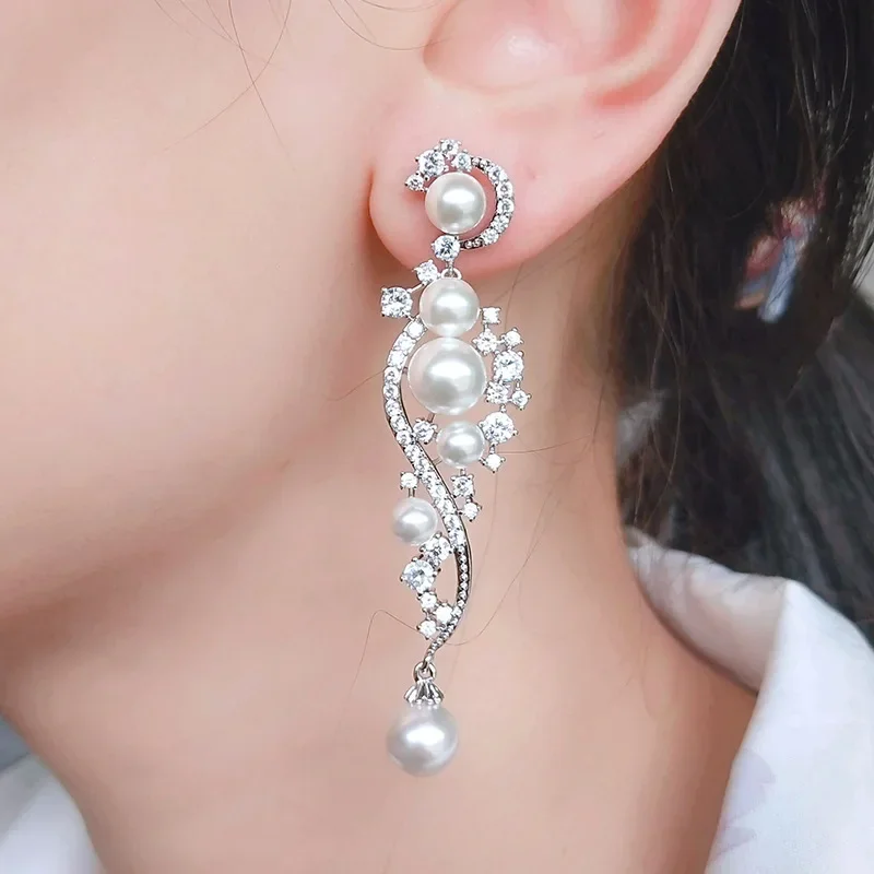 Luxury Silver Color Stud Earings with Pearl Bling Zircon Stone for Women Fashion Jewelry 2025 New Trend