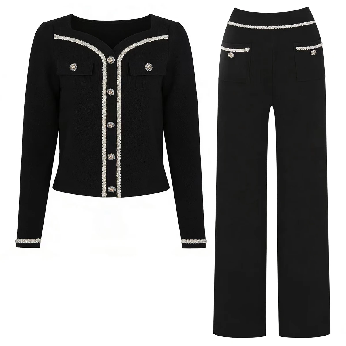2667 High-quality Spring And Autumn New Knitted Elastic Nail Bead Long Sleeved Slim Fit Cardigan+long Pants Women's Set