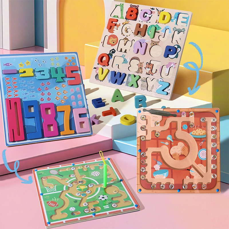 

Wooden Magnetic Alphabet and Number Double-Sided Maze Learning Education Toys Color Matching Montessori Toys Gifts for Children