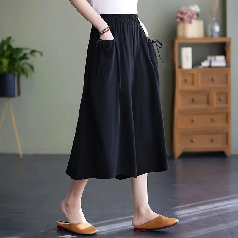 L-3XL Wide Leg Pants Women Solid Summer Baggy Fashion Vintage Ladies Elegant All-match Leisure Korean Style Daily Calf-length