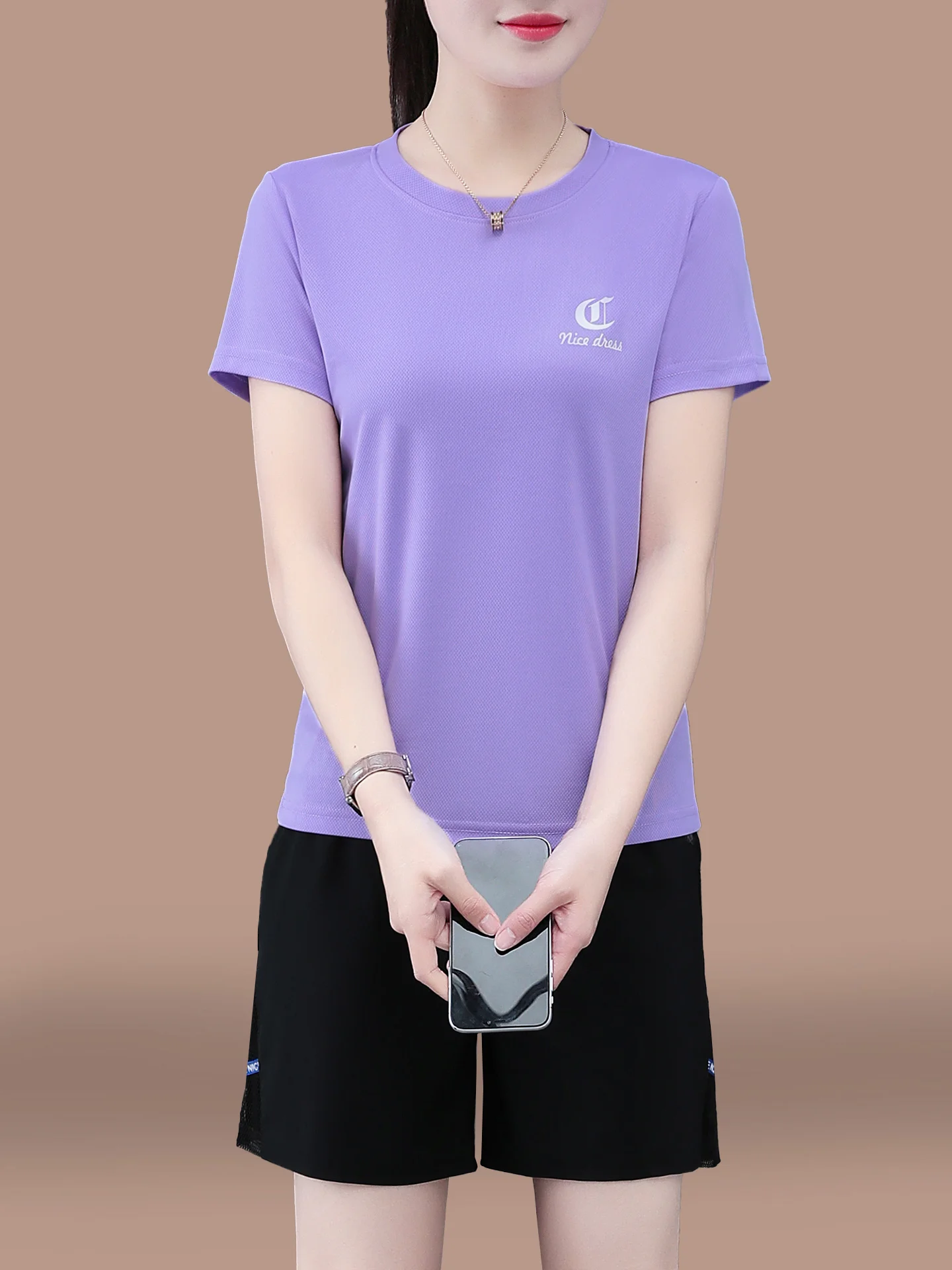 

Qui Dry Sportswear Set Women's Loose ort Sve Two Piece Suit Summer Casual Mom Clothes Polyester Fiber round Ne T-irt