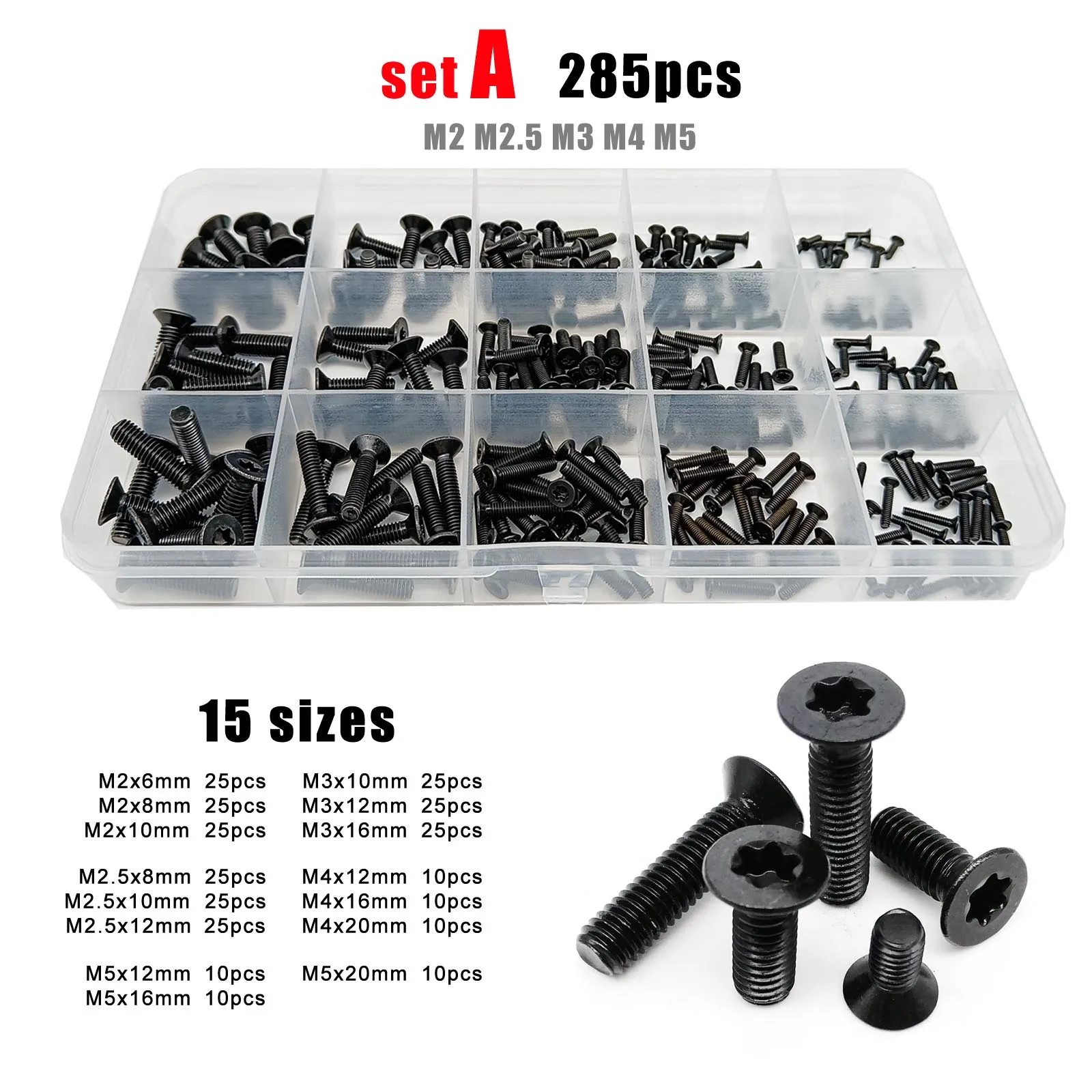 285/1020pcs Mix M2 M2.5 M3 M4 M5 Black 304 Stainless Steel Six Lobe Torx Flat Countersunk Head Screw Bolt Assortment Set Box Kit