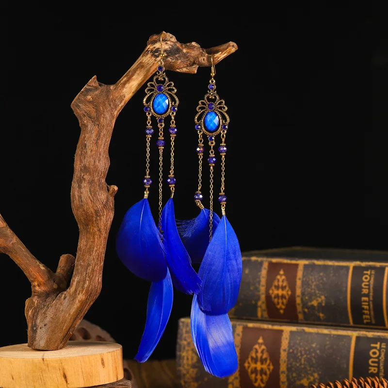 Neue Böhmische Kristall Kupfer Kette Feder Lange Tropfen Ohrringe für Frauen Retro Gypsy Ethnische Temperament Gold Farbe Schmuck Geschenk – Detail 12