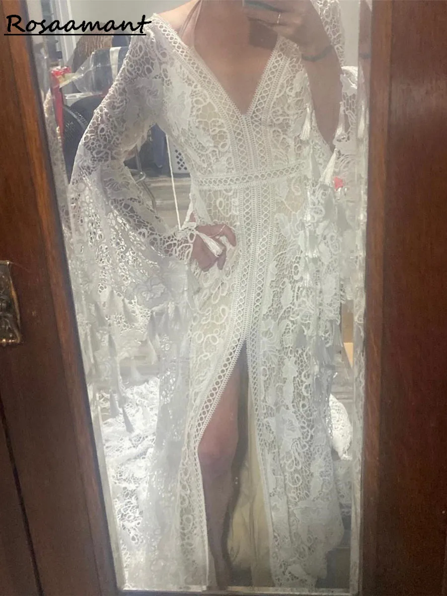 Artystyczna syrenka bez pleców suknie z rękawami ślubna z głębokim dekoltem w szpic vestidos de novia robe de mariée