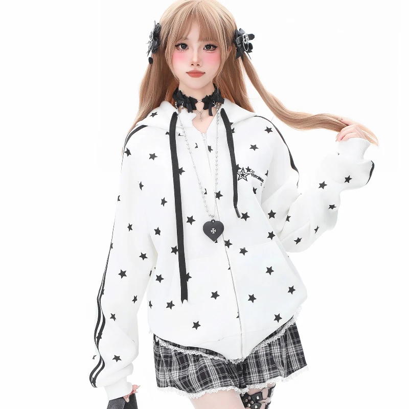 American Retro Star Full Print Striped Raglan Hooded Sweatshirt Women 2025 Spring Autumn Loose Slimming Versatile Coat Ladies