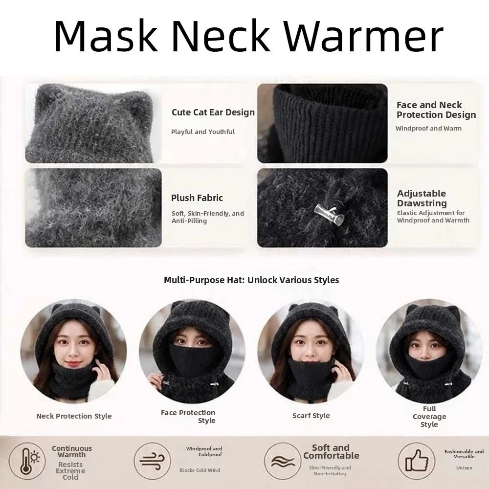 Mütze im japanischen Stil, winddicht, mit Katzenohren, verdickter, elastischer Kapuzenschal, gehäkelte integrierte Maske, Halswärmer, zum Skifahren – Detail 7