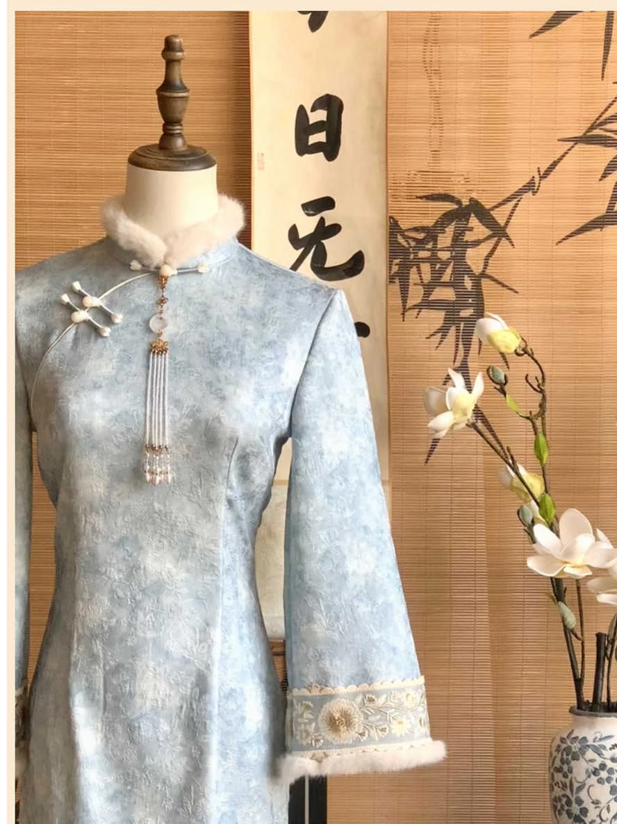 

Синяя юбка миди с вышивкой и цветочным узором, приталенного кроя, в китайском стиле, с длинными рукавами, в винтажном стиле, для повседневной носки