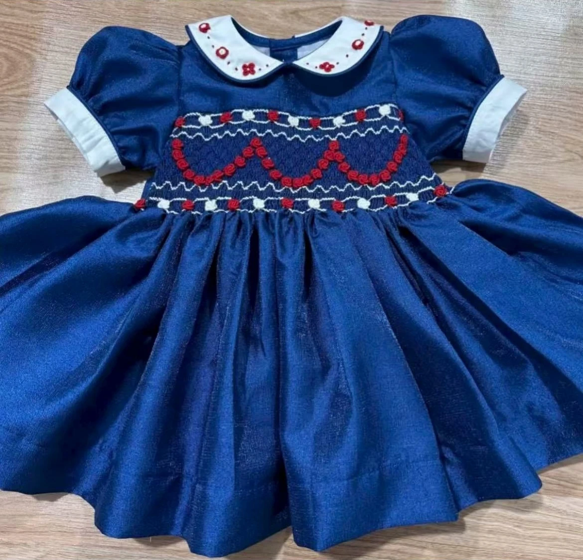 0-12Y Baby Girl Summer Navy Blue Handmade Embroidery Smocked Vintage Princess Dress for Birthday Photography Holiday Eid  A298