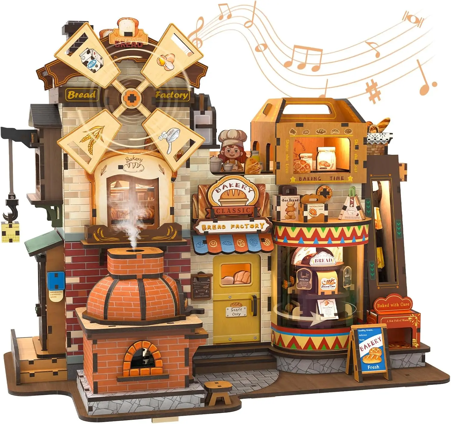 3D Wooden Puzzle for Adults, 576 Pcs Kinetic Mechanical Model Bread Factory | DIY Miniature House Bakery Building Kit with LED L