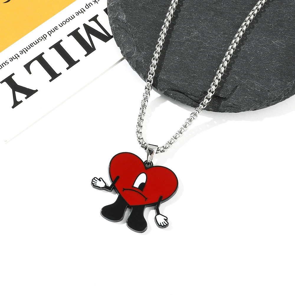 Trend Bad Bunny Necklace Cosplay Singer Bad Rabbit Red Heart Pendant Neck Chain Cute Decoration Jewelry Accessories for Fan Gift